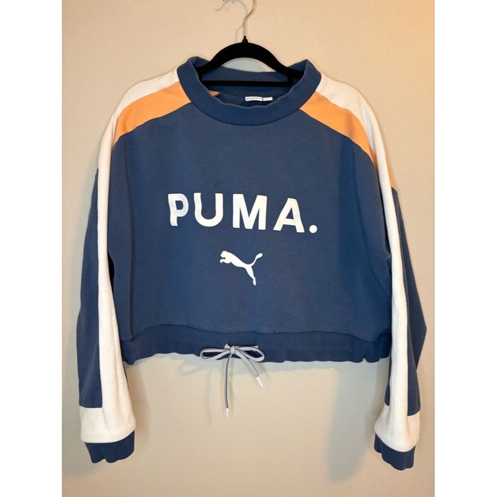 Puma Cropped Sweatshirt XL Blue Colorblock Logo Drawstring Hem